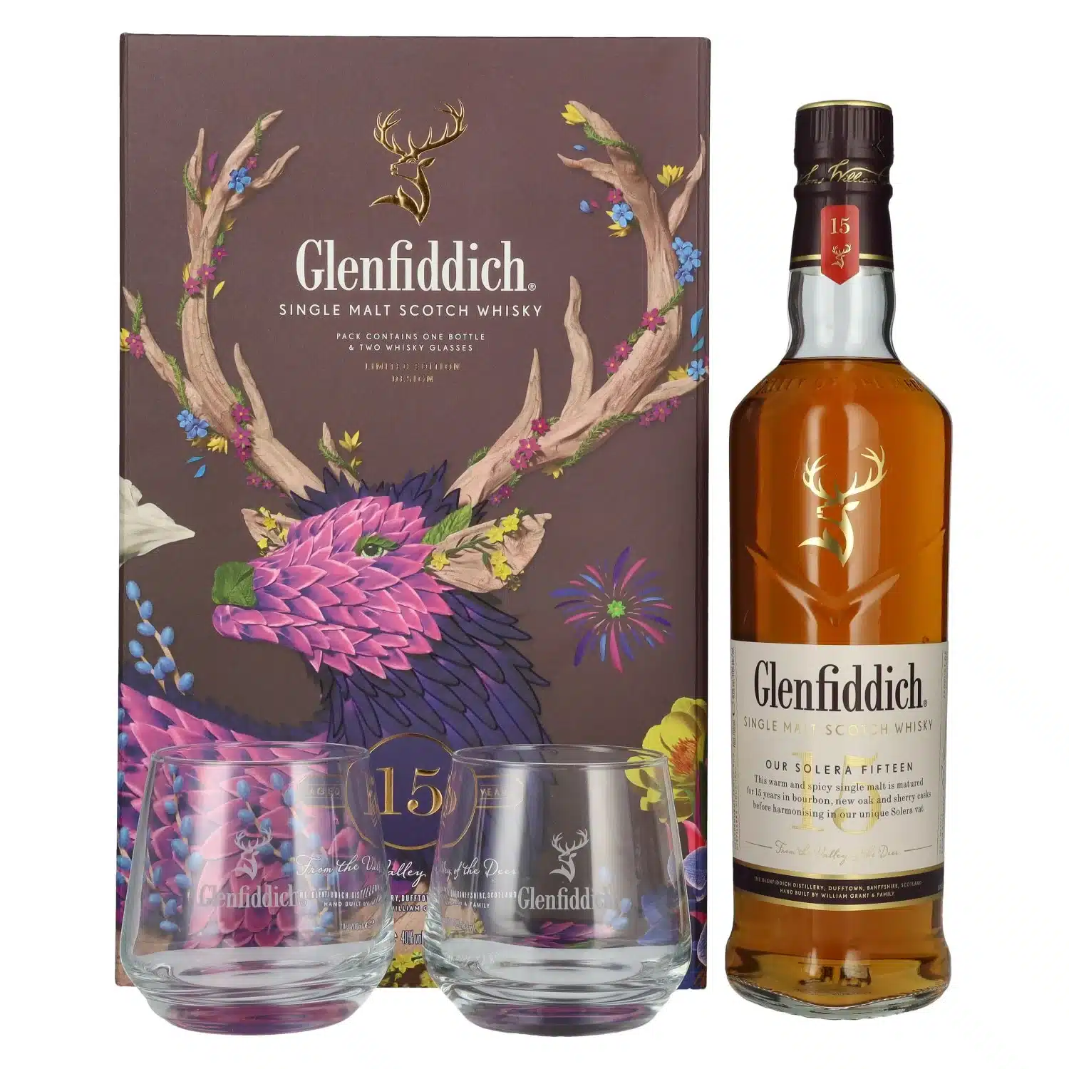 Glenfiddich 15 års OUR SOLERA Single Malt Scotch Whisky i gaveæske med 2 glas